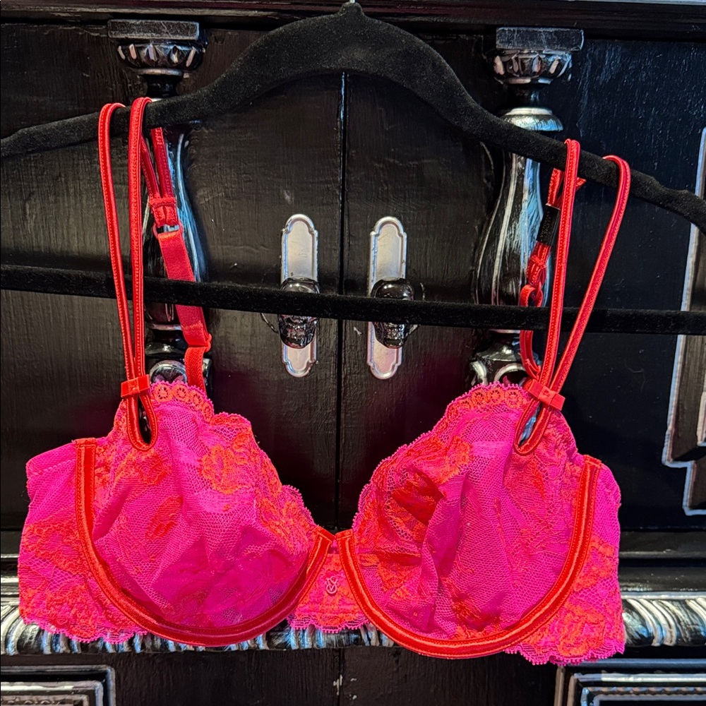 Victoria's Secret Sexy Little Things! Hot Pink & Red Lace Bra NWT 36C